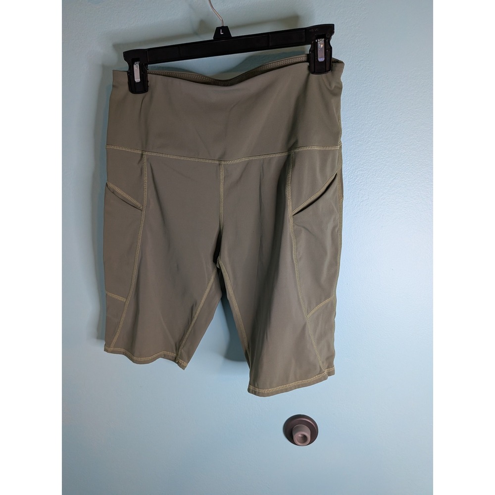 Oalka Women Large Olive Green High Waisted Biker Shorts with Pockets Athletic